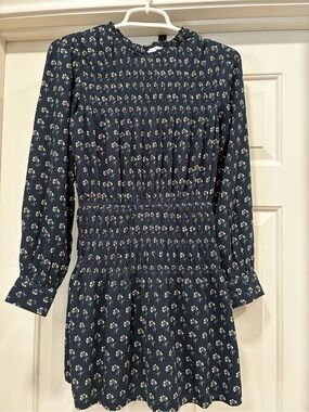 Smocked Long Sleeve Navy Floral Dress